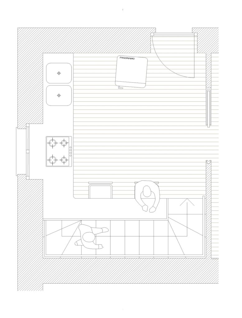 interior design cucina rialzata, scala interna con arredo, idee per interni moderni.